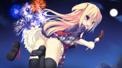 Rule 34 | 1girl, ass, black thighhighs, blonde hair, chocolate banana, feet, fireworks, frilled kimono, frills, from behind, gradient background, japanese clothes, kimono, long hair, ochinsama, original, purple eyes, shoes, unworn shoes, solo, thighhighs, two side up