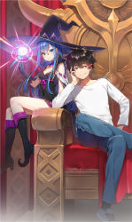 Rule 34 | 1boy, 1girl, arm support, black footwear, black gloves, blue eyes, blue hair, boots, breasts, brown eyes, brown hair, cleavage, covered navel, denim, gloves, hat, highres, indoors, crossed legs, long hair, magic, medium breasts, mmu, official art, shirt, shoes, smile, sneakers, throne, very long hair, white shirt, witch hat