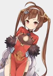 Rule 34 | 1girl, ahoge, anchor hair ornament, azur lane, black thighhighs, breasts, brown hair, china dress, chinese clothes, cleavage cutout, closed mouth, clothing cutout, coat, dragon print, dress, dutch angle, fur collar, grey background, hair ornament, hairband, highres, long hair, looking at viewer, off shoulder, open clothes, open coat, pelvic curtain, ping hai (azur lane), print dress, red dress, red eyes, signature, simple background, single thighhigh, small breasts, solo, tareme, thighhighs, twintails, white hairband, yellow pupils, yuko (uc yuk)