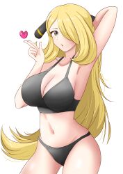 Rule 34 | 1girl, :o, absurdres, arm up, black bra, black panties, bra, breasts, cleavage, cowboy shot, creatures (company), cynthia (pokemon), game freak, hair ornament, hair over one eye, heart, highres, large breasts, long hair, looking at viewer, maho (corotonton5150), navel, nintendo, open mouth, panties, pokemon, pokemon dppt, simple background, solo, stomach, underwear, underwear only, very long hair, white background