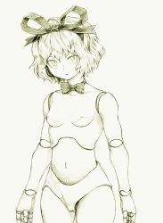Rule 34 | 1girl, bow, bowtie, doll, doll joints, female focus, hair ribbon, joints, medicine melancholy, monochrome, navel, nude, ribbon, short hair, solo, takeuma, touhou