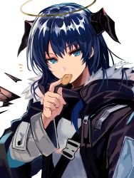 Rule 34 | 1girl, arknights, blue eyes, blue hair, commentary request, detached wings, eating, expressionless, food, food in mouth, fur-trimmed jacket, fur trim, hair between eyes, halo, highres, holding, holding food, horns, jacket, long sleeves, looking at viewer, mostima (arknights), nuu (liebe sk), open clothes, shirt, solo, upper body, white shirt, wings