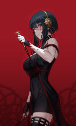 Rule 34 | 1girl, absurdres, bare shoulders, black dress, black gloves, black hair, blood, blood on face, blood on hands, bloody weapon, braid, breasts, closed mouth, commentary, cowboy shot, dress, dual wielding, earrings, fingerless gloves, flower, from side, glint, gloves, gold earrings, gold hairband, hair flower, hair ornament, hairband, hand up, highres, holding, jewelry, large breasts, lips, long hair, looking at viewer, radjeong, red background, red eyes, reverse grip, rose, sidelocks, skindentation, solo, spikes, spy x family, taut clothes, thighhighs, thorns, two-sided dress, two-sided fabric, weapon, yor briar, zettai ryouiki