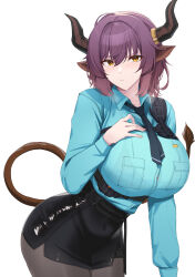 Rule 34 | 1girl, absurdres, animal ears, arknights, belt, black belt, black necktie, breasts, chest harness, commentary, cow ears, cow girl, cow horns, cow tail, english commentary, grey pantyhose, harness, highres, horn ornament, horn ring, horns, huge breasts, kanta (kanta 077), leaning forward, looking at viewer, medium hair, miniskirt, necktie, pantyhose, pencil skirt, police, purple hair, sideroca (arknights), skirt, solo, tail, yellow eyes