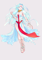 Rule 34 | 19670615t, 1girl, blue hair, breasts, cleavage, dress, earrings, facial mark, feet, forehead jewel, forehead mark, full body, highres, jewelry, large breasts, light blue hair, long hair, looking at viewer, pointy ears, simple background, smile, solo, star ocean, star ocean anamnesis