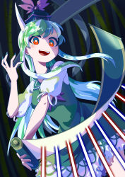 Rule 34 | 1girl, absurdres, bamboo, bamboo forest, bow, danmaku, dress, ex-keine, forest, green dress, green hair, hand up, hat, highres, holding, holding scroll, horns, ikra (ikrazusi), kamishirasawa keine, laser, looking at viewer, multicolored hair, nail polish, nature, night, open mouth, puffy short sleeves, puffy sleeves, purple bow, red eyes, scroll, short sleeves, sidelocks, solo, teeth, tokin hat, touhou, two-tone hair, upper teeth only