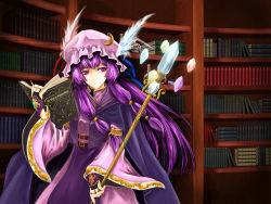 Rule 34 | 1girl, bad id, bad pixiv id, blackwing phoenix, book, crescent, female focus, fingerless gloves, german text, gloves, hat, library, long hair, patchouli knowledge, purple eyes, purple hair, solo, staff, standing, text focus, touhou, translated, voile