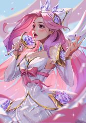 Rule 34 | 1girl, bare shoulders, bow, breasts, cleavage, collarbone, cowboy shot, crystal rose seraphine, detached sleeves, dress, flower, gem, grey dress, hair flower, hair ornament, hands up, hele bun, highres, holding, holding microphone, league of legends, long hair, medium breasts, microphone, multicolored hair, nail polish, open mouth, pink bow, pink eyes, pink hair, pink nails, seraphine (league of legends), star (symbol), teeth, two-tone hair, upper teeth only