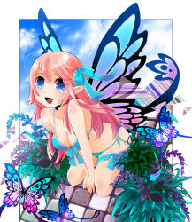 Rule 34 | 1girl, bikini, blue eyes, breasts, bug, butterfly, butterfly wings, cleavage, fairy, fairy wings, fang, flower, front-tie top, insect, insect wings, large breasts, long hair, moonyan, multicolored wings, original, pink hair, plant, pointy ears, ribbon, side-tie bikini bottom, solo, swimsuit, thigh strap, wings