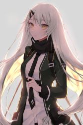 Rule 34 | 1girl, black jacket, black necktie, black scarf, brown eyes, girls&#039; frontline, hair ornament, hairclip, hand on own neck, highres, jacket, long hair, looking at viewer, mg4 (girls&#039; frontline), necktie, qb 516, scarf, shirt, silver hair, simple background, solo, white shirt