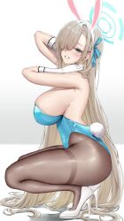 Rule 34 | 1girl, absurdres, animal ears, asuna (blue archive), bare shoulders, blue archive, blue eyes, breasts, fake animal ears, fake tail, gloves, grey hair, grey pantyhose, grin, hair over one eye, high heels, highres, large breasts, long hair, looking at viewer, pantyhose, rabbit tail, smile, solo, squatting, tail, thighband pantyhose, thighs, very long hair, vitaminechan, white footwear, white gloves