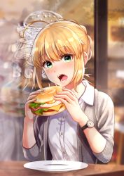 Rule 34 | 1girl, ahoge, alternate costume, artoria pendragon (all), artoria pendragon (fate), bacon, bad id, bad pixiv id, blonde hair, blush, burger, casual, cheese, collared shirt, dress shirt, egg (food), fate/stay night, fate (series), food, fried egg, green eyes, grey jacket, head tilt, highres, holding, holding food, jacket, kurono kito, logo, looking at viewer, open clothes, open jacket, open mouth, plate, reflection, saber (fate), salad, shirt, short hair, sidelocks, sleeves past elbows, solo, table, teeth, two-handed, upper body, watch, white shirt, window, wing collar, wristwatch