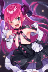 Rule 34 | 1girl, asymmetrical horns, blue eyes, breasts, corset, curled horns, dragon girl, dragon horns, dragon tail, dress, elizabeth bathory (fate), elizabeth bathory (fate/extra ccc), elizabeth bathory (first ascension) (fate), fang, fate/grand order, fate (series), highres, horns, layered dress, long hair, one eye closed, open mouth, pink hair, pointy ears, skin fang, small breasts, solo, tail, tenneko yuuri, uneven horns