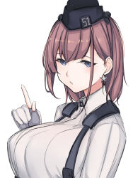 Rule 34 | 1girl, alternate hair length, alternate hairstyle, atlanta (kancolle), black hat, breasts, brown hair, dress shirt, earrings, garrison cap, gloves, grey eyes, hat, highres, jewelry, jiangyou dang, kantai collection, large breasts, long sleeves, medium hair, partially fingerless gloves, shirt, simple background, solo, star (symbol), star earrings, suspenders, upper body, white background, white shirt
