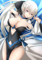 Rule 34 | 1girl, \||/, bare shoulders, between breasts, black bow, black dress, blue choker, blue eyes, bow, braid, breasts, choker, cleavage, collarbone, contrapposto, cowboy shot, dot nose, dress, fate/grand order, fate (series), fingernails, french braid, grey hair, hair bow, hands up, highres, large breasts, legs together, long hair, long sleeves, looking at viewer, morgan le fay (fate), navel, parted lips, ponytail, revealing clothes, shrug (clothing), side-tie dress, sidelocks, simple background, slit pupils, smile, solo, thighs, vent vert (kuuya), very long hair, white hair, wide sleeves