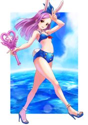 Rule 34 | 1girl, absurdres, animal ears, arm up, armpits, bikini, blue bikini, cloud, commentary request, day, detached collar, elin, flat chest, hairband, high heels, highres, holding, legs, long hair, multicolored nails, nail polish, navel, nyama, ocean, open mouth, outdoors, outstretched arm, purple hair, rabbit ears, rabbit tail, red eyes, ribbon, sandals, shoes, sky, smile, solo, swimsuit, tail, tera online, v, walking, wand