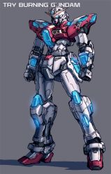Rule 34 | 10s, banchengping@126, blue eyes, character name, glowing, glowing eyes, grey background, gundam, gundam build fighters, gundam build fighters try, mecha, no humans, robot, shadow, simple background, solo, standing, try burning gundam