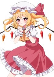Rule 34 | 1girl, ascot, blonde hair, closed mouth, crystal, fang, flandre scarlet, hat, highres, looking at viewer, mob cap, puffy short sleeves, puffy sleeves, red eyes, red skirt, short hair, short sleeves, side ponytail, simple background, skin fang, skirt, smile, solo, touhou, tsukimirin, white background, white hat, wrist cuffs, yellow ascot