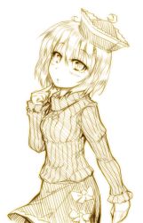 Rule 34 | 1girl, alternate costume, blush, bow, crescent, female focus, hat, kazetto, lunasa prismriver, monochrome, ribbed sweater, short hair, sketch, skirt, solo, sweater, touhou