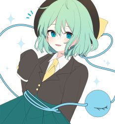 Rule 34 | 1girl, black hat, black jacket, blazer, blue eyes, bow, collared shirt, diffraction spikes, dutch angle, eyeball, green hair, green skirt, hair between eyes, hand up, hat, hat bow, highres, jacket, komeiji koishi, light blush, long sleeves, looking to the side, medium hair, necktie, parted lips, protected link, shirt, simple background, skirt, sleeves past fingers, sleeves past wrists, smile, solo, third eye, touhou, upper body, wavy hair, white background, white shirt, yellow bow, yellow necktie, yurui tuhu
