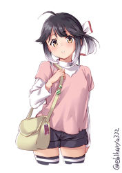 1girl alternate_costume bag black_thighhighs ebifurya grey_hair hair_ribbon hayanami_(kancolle) highres kantai_collection long_sleeves looking_at_viewer multicolored_hair pink_shirt ponytail purple_hair ribbon shirt short_hair short_shorts shorts sidelocks simple_background solo thighhighs twitter_username two-tone_hair white_background white_ribbon yellow_eyes