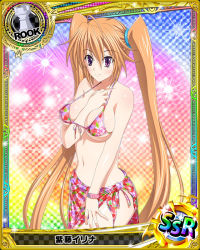 Rule 34 | 10s, 1girl, arm between breasts, between breasts, bikini, breasts, card (medium), female focus, front-tie top, hair ornament, high school dxd, large breasts, long hair, navel, official art, orange hair, purple eyes, sarong, shidou irina, sideboob, smile, solo, strap gap, swimsuit, trading card, twintails, underboob, undersized clothes
