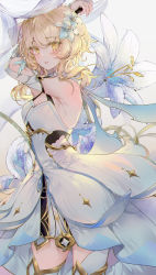 Rule 34 | 1girl, arms up, bare shoulders, blonde hair, breasts, bridal gauntlets, commentary request, cowboy shot, dress, flower, genshin impact, hair between eyes, hair flower, hair ornament, highres, kinokohime, long hair, looking at viewer, looking to the side, lumine (genshin impact), medium breasts, parted lips, sidelocks, sleeveless, sleeveless dress, solo, standing, thighhighs, thighs, white background, white dress, white flower, white thighhighs, yellow eyes