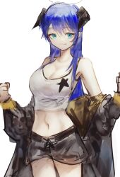 Rule 34 | 1girl, aiv, arknights, bare shoulders, black jacket, black shorts, blue eyes, blue hair, camisole, commentary request, cowboy shot, crop top, highres, horns, jacket, long sleeves, midriff, mostima (arknights), navel, off shoulder, official alternate costume, short shorts, shorts, solo, spaghetti strap, standing, star (symbol), stomach, thighs