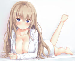 Rule 34 | 1girl, 9-nine-, arm support, barefoot, blue eyes, blush, borrowed clothes, breasts, cleavage, closed mouth, collarbone, collared shirt, commentary, dress shirt, eyelashes, eyes visible through hair, feet, foot up, foreshortening, full body, hair between eyes, hair down, happy, highres, knees together feet apart, kujou miyako, large breasts, light brown hair, long hair, looking at viewer, lying, naked shirt, no hair ornament, on bed, on stomach, open clothes, open shirt, shirt, sidelocks, simple background, sleeves past wrists, smile, soles, solo, sparkling eyes, the pose, toes, tsurime, very long hair, wavy hair, white background, white shirt, yuunagi (yunagi1373)