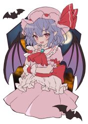Rule 34 | 1girl, ahase hino, animal, ascot, bat (animal), bat wings, blue hair, blush, brooch, dress, fang, hair between eyes, hat, hat ribbon, highres, jewelry, looking at viewer, mob cap, open mouth, pink dress, pink hat, pointy ears, purple wings, red ascot, red eyes, red ribbon, remilia scarlet, ribbon, short hair, short sleeves, skin fang, smile, solo, touhou, wings, wrist cuffs