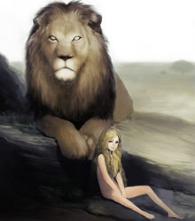 Rule 34 | 1girl, bad id, bad pixiv id, blonde hair, brown eyes, censored, convenient censoring, highres, lion, long hair, looking at viewer, meto31, nude, original, sitting, solo, yellow eyes