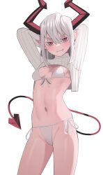 Rule 34 | 1girl, arms up, bare shoulders, bat wings, blush, bra, breasts, closed mouth, colored eyelashes, cowboy shot, demon girl, demon horns, demon tail, fangs, fangs out, hair between eyes, highres, horns, jourd4n, looking at viewer, medium hair, navel, original, panties, pointy ears, rayzel (jourd4n), red eyes, simple background, slit pupils, small breasts, smile, solo, standing, sweater, tail, underwear, white background, white bra, white hair, white panties, wings