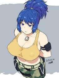 Rule 34 | 1girl, arms behind back, bare shoulders, blue eyes, blue hair, breasts, cleavage, highres, large breasts, leona heidern, midriff, navel, pants, ponytail, snk, solo, tank top, the king of fighters, tsukudani (coke-buta)