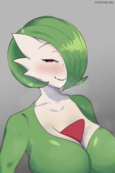Rule 34 | 1girl, absurdres, breasts, cleavage, collarbone, commentary, creatures (company), drawing, english commentary, game freak, gardevoir, gen 3 pokemon, green hair, grey background, half-closed eyes, highres, large breasts, looking at viewer, nintendo, owlh, patreon username, pokemon, pokemon (creature), red eyes, self-upload, short hair, upper body