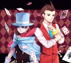 Rule 34 | 1boy, 1girl, ace attorney, apollo justice, blue cape, blue eyes, blue hat, blue necktie, brooch, brown eyes, brown hair, cape, card, collared shirt, earrings, formal, gloves, hat, janelle, jewelry, magician, necktie, pants, playing card, red vest, scarf, shirt, short hair, signature, sleeves rolled up, smile, suit, top hat, trucy wright, vest