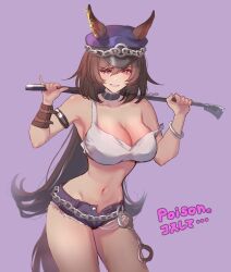 Rule 34 | 1girl, alternate costume, animal ears, bad id, bad twitter id, bare shoulders, breasts, brown hair, choker, cleavage, cosplay, cowboy shot, crop top, cuffs, denim, denim shorts, ear ornament, ears through headwear, final fight, hair between eyes, handcuffs, hat, highres, holding, holding riding crop, holding whip, horse ears, horse girl, horse tail, large breasts, long hair, looking at viewer, midriff, mmm (mmm623), navel, open fly, poison (final fight), poison (final fight) (cosplay), police hat, purple background, red eyes, riding crop, shirt, shorts, sirius symboli (umamusume), sleeveless, solo, strap slip, street fighter, street fighter iv (series), tail, twitter username, umamusume, very long hair, whip, white shirt