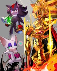 Rule 34 | 1girl, 2boys, armor, bracelet, breasts, caliburn (sonic), cape, chaos emerald, elbow gloves, excalibur sonic, eyeshadow, furry, furry female, furry male, gem, gloves, highres, holding, holding gem, jewelry, makeup, medium breasts, multiple boys, planted, planted sword, planted weapon, purple eyeshadow, red cape, red eyes, rouge the bat, shadow the hedgehog, sonic (series), sonic and the black knight, sonic the hedgehog, sword, thought bubble, usa37107692, weapon, white gloves