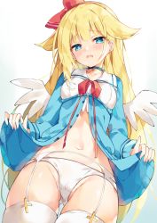 Rule 34 | 1girl, blonde hair, blue background, blue choker, blue eyes, blue jacket, blush, bow, breasts, cameltoe, choker, clip studio paint (medium), collarbone, commentary request, cross, cross choker, from below, garter belt, gluteal fold, gradient background, groin, hair flaps, highres, jacket, lifted by self, long hair, long sleeves, looking at viewer, looking down, navel, open mouth, original, panties, red bow, sailor collar, small breasts, solo, thigh gap, thighhighs, unacchi (nyusankin), underwear, very long hair, white background, white panties, white sailor collar, white thighhighs, white wings, wings