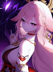 Rule 34 | 1girl, animal ears, breasts, commentary, detached sleeves, floppy ears, fox ears, fox girl, from side, genshin impact, glowing, glowing eye, hair ornament, highres, kitsune, large breasts, long hair, looking at viewer, nirako mona, nontraditional miko, pink hair, purple eyes, sideboob, slit pupils, smile, solo, symbol-only commentary, upper body, yae miko