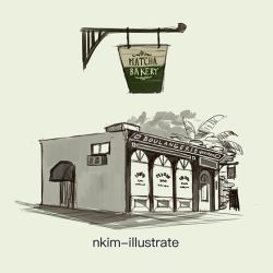 Rule 34 | architecture, artist name, bad id, bad twitter id, bakery, door, french text, greyscale, limited palette, monochrome, nadia kim, no humans, original, shop, sign, simple background, sketch, spot color, storefront, text focus, tree