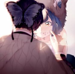Rule 34 | 1boy, 1girl, :t, bad id, bad pixiv id, black hair, blue hair, blurry, boar mask, brown eyes, bug, butterfly, butterfly hair ornament, cleaning, commentary request, depth of field, eating, facing away, food, food on face, glowing, hair ornament, haori, hashibira inosuke, bug, japanese clothes, kimetsu no yaiba, kochou shinobu, long sleeves, looking at another, mana111700, motherly, one eye covered, rice, shade, upper body