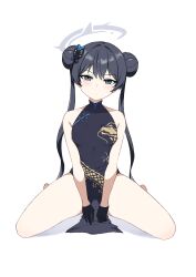Rule 34 | 1girl, absurdres, bare shoulders, black dress, black eyes, black hair, blue archive, breasts, china dress, chinese clothes, closed mouth, collarbone, covered navel, double bun, dragon print, dress, hair bun, halo, highres, kisaki (blue archive), looking at viewer, print dress, small breasts, solo, thighs, twintails, white background, wuwusan