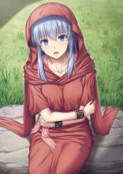 Rule 34 | 1girl, ancient ys vanished, blue eyes, blue hair, bracelet, collarbone, dated, dress, grass, jewelry, long hair, looking at viewer, miyai sen, open mouth, outdoors, reah (ys), red dress, red hood, rock, sitting, solo, ys