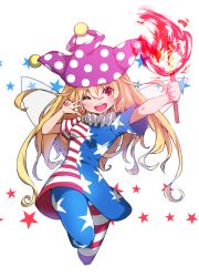 Rule 34 | 1girl, ;d, american flag dress, american flag legwear, blonde hair, blush, clownpiece, commentary request, dume (kandume), fairy wings, fire, full body, hat, holding, jester cap, long hair, looking at viewer, neck ruff, one eye closed, open mouth, pantyhose, polka dot, purple hat, red eyes, short sleeves, simple background, smile, solo, star (symbol), star print, striped, torch, touhou, v, white background, wings