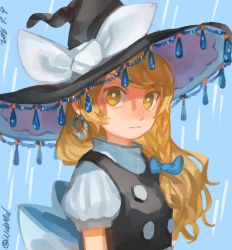Rule 34 | 1girl, 2016, bad id, bad twitter id, blonde hair, blue background, braid, dated, earrings, embellished costume, expressionless, hat, hat ribbon, highres, jewelry, kirisame marisa, long hair, looking at viewer, puffy sleeves, ribbon, shirt, short sleeves, side braid, single braid, solo, touhou, turtleneck, twitter username, upper body, usudaidai, vest, witch hat, yai (hachihito), yellow eyes