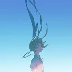 Rule 34 | 1girl, azma, blue background, blue sky, commentary, day, detached hair, dissolving, expressionless, floating hair, from side, gradient background, green eyes, grey hair, highres, juliet sleeves, long hair, long sleeves, looking away, original, outdoors, profile, puffy sleeves, short hair, sky, sunlight, tears, toggles, twintails, unbuttoned, upper body, very long hair