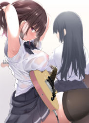 Rule 34 | 2girls, adjusting hair, armpits, arms behind head, black hair, black legwear, blush, bow, bowtie, breast rest, breasts, brown hair, carried breast rest, carrying, commentary request, covered erect nipples, ear piercing, earrings, electric guitar, from side, gibson les paul, guitar, heavy breathing, highres, hot, instrument, jewelry, lactation, lactation through clothes, large breasts, leg up, looking at viewer, medium hair, miniskirt, multiple girls, nipples, no bra, noripachi, original, piercing, pleated skirt, profile, puffy nipples, purple eyes, school uniform, see-through, see-through silhouette, serafuku, shirt, sidelocks, sideways glance, skindentation, skirt, sweat, thighhighs, tying hair, wet, wet clothes, wet shirt, zettai ryouiki