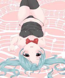Rule 34 | 1girl, aqua eyes, aqua hair, bad id, bad pixiv id, breasts, covered erect nipples, hatsune miku, lying, musical note, navel, panties, rima (rimarip), rimarip, small breasts, solo, thigh gap, thighhighs, thighs, thong, twintails, underwear, vocaloid