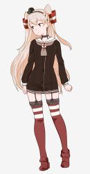 Rule 34 | 10s, 1girl, amatsukaze (kancolle), brown eyes, dress, full body, garter straps, grey background, hair tubes, kantai collection, long hair, looking to the side, ojipon, red thighhighs, sailor dress, short dress, silver hair, simple background, solo, striped clothes, striped thighhighs, thighhighs, two side up