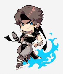Rule 34 | 1boy, black coat, black headband, blue eyes, blue fire, boots, brown footwear, brown hair, castlevania (series), chibi, clenched hand, coat, fire, full body, gloves, grey gloves, grey pants, grey shirt, headband, kotorai, male focus, no nose, pants, richter belmont, shirt, short hair, smile, solo, white background